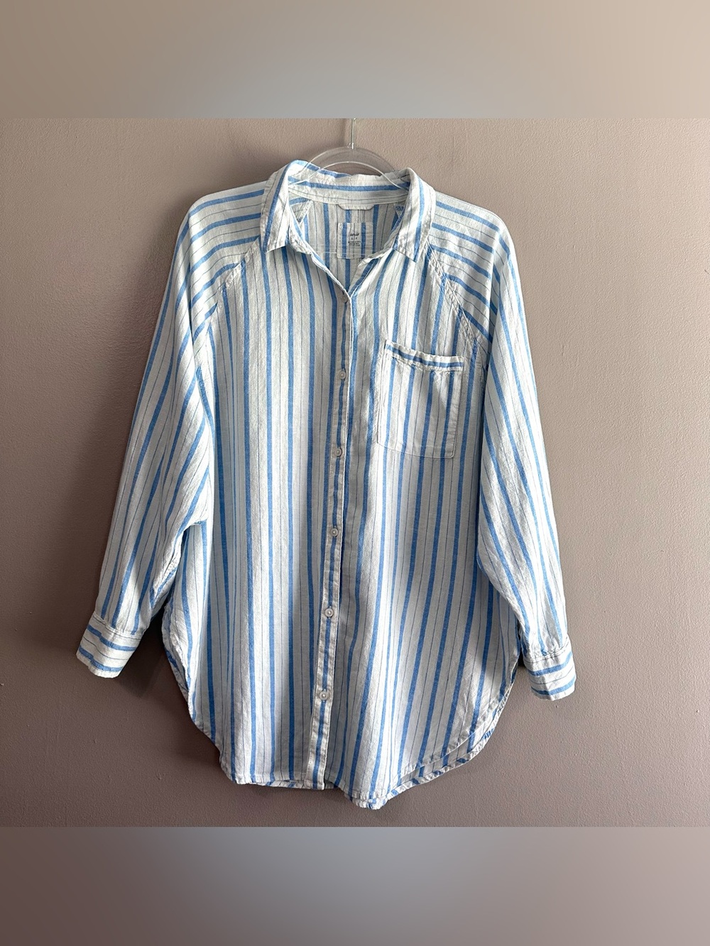 Aerie White Blue Stripe Linen Blend Oversized Buttondown Shirt Womens Small